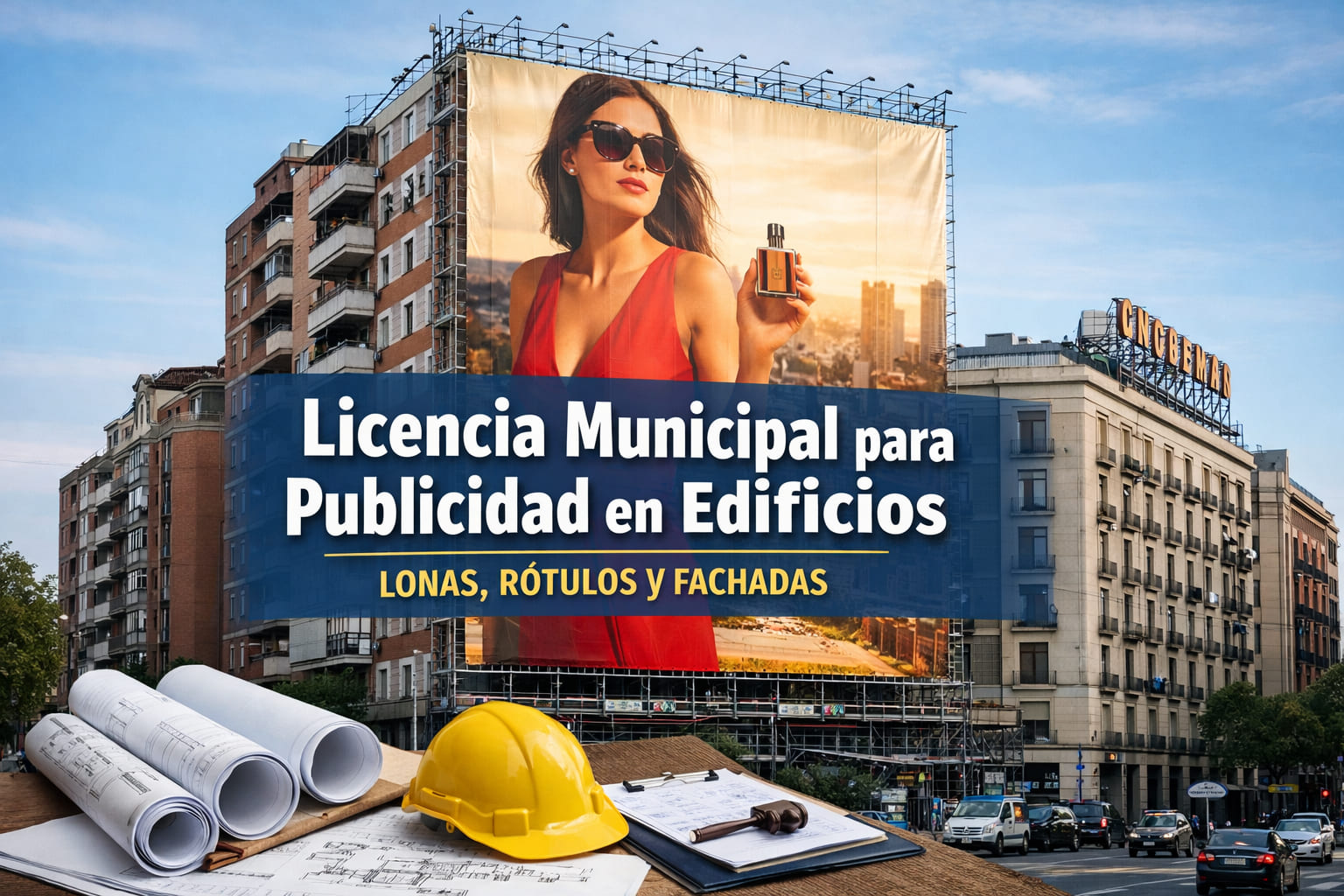 Lona publicitaria instalada en la fachada de un edificio con licencia municipal