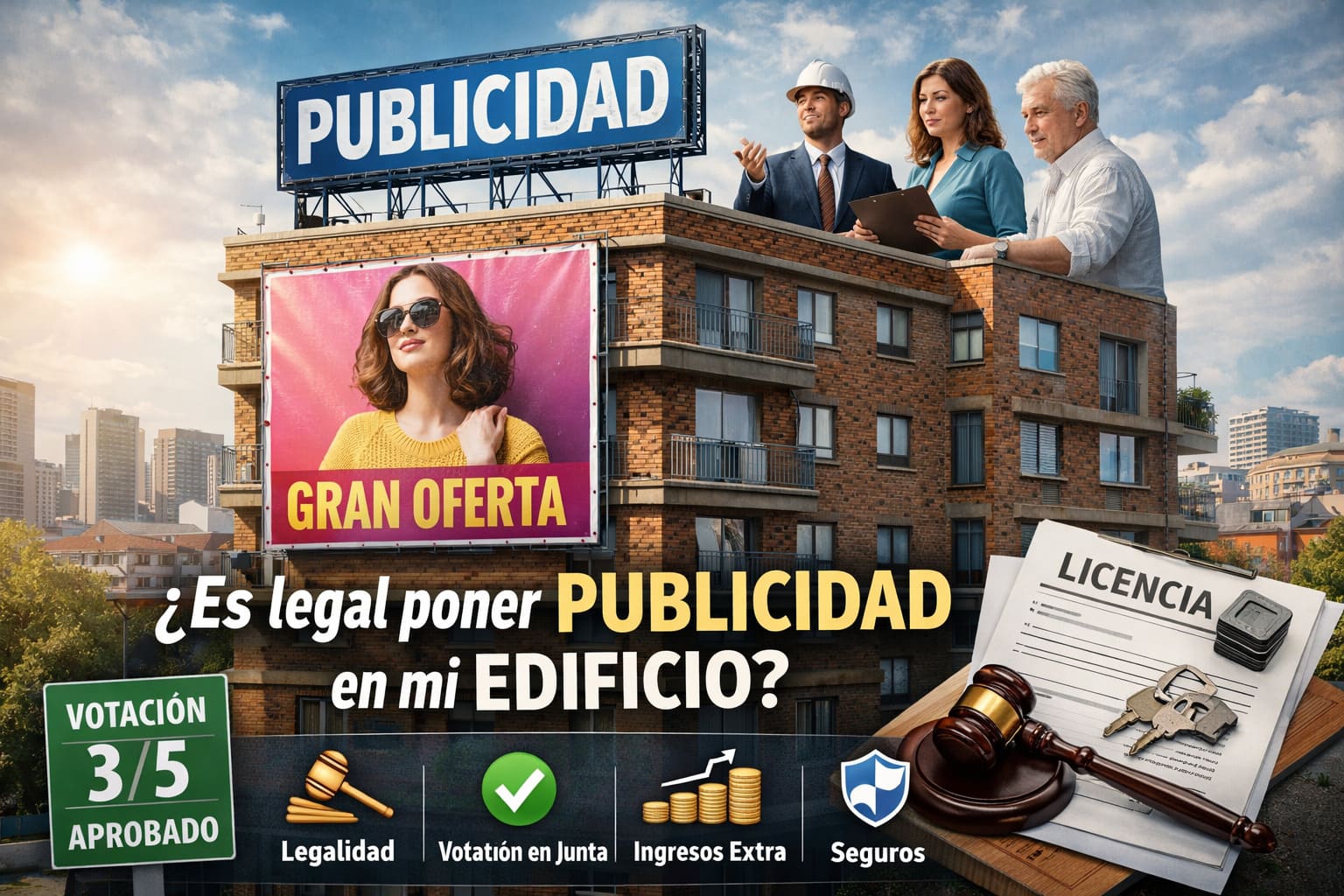 Publicidad exterior en edificio residencial: lona en fachada y rótulo en azotea con aprobación de comunidad de vecinos