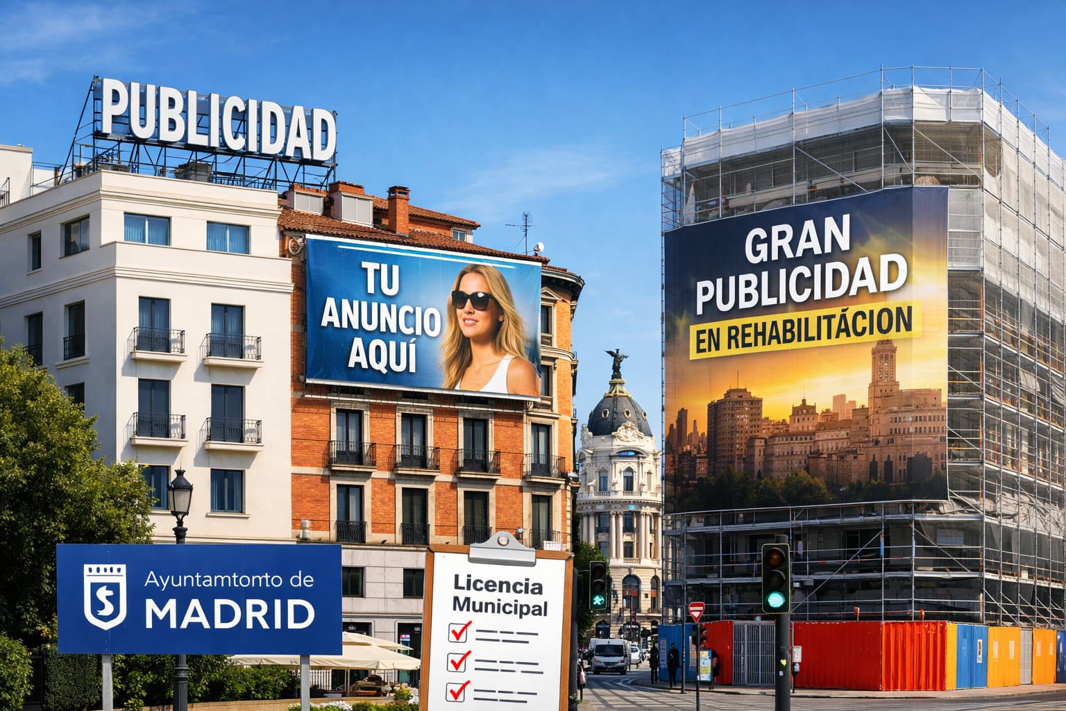 Edificio en Madrid con rótulo en azotea y publicidad en medianera conforme a la Ordenanza de Publicidad Exterior