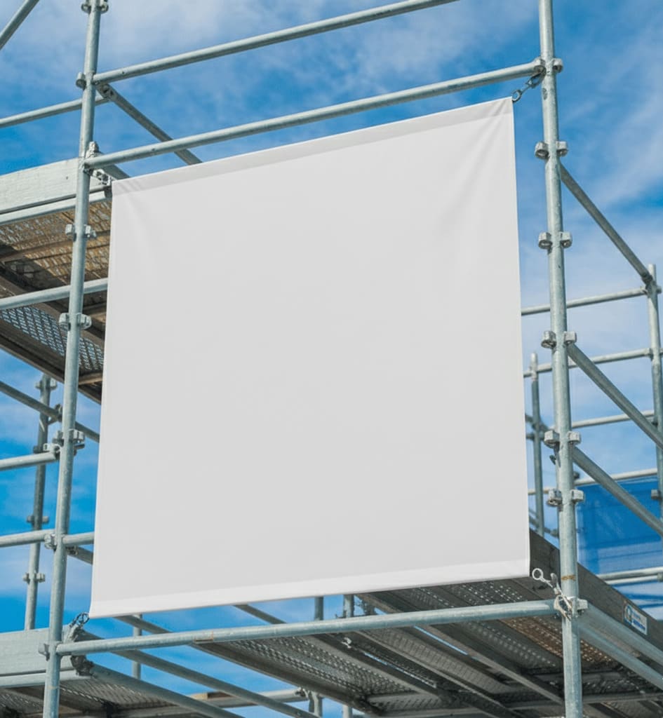 Trabajadores instalando una lona publicitaria en un andamio situado en el centro de Madrid