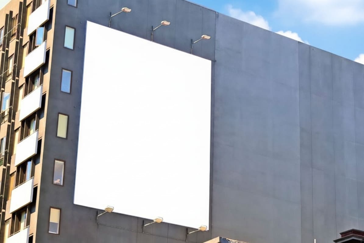 Lona publicitaria instalada en la medianera de un edificio en Chamberí, Madrid